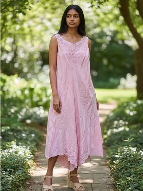 Adrianna Papell Pink Linen Blend Sleeveles Eyelet Dress Size 14 Coastal Romantic